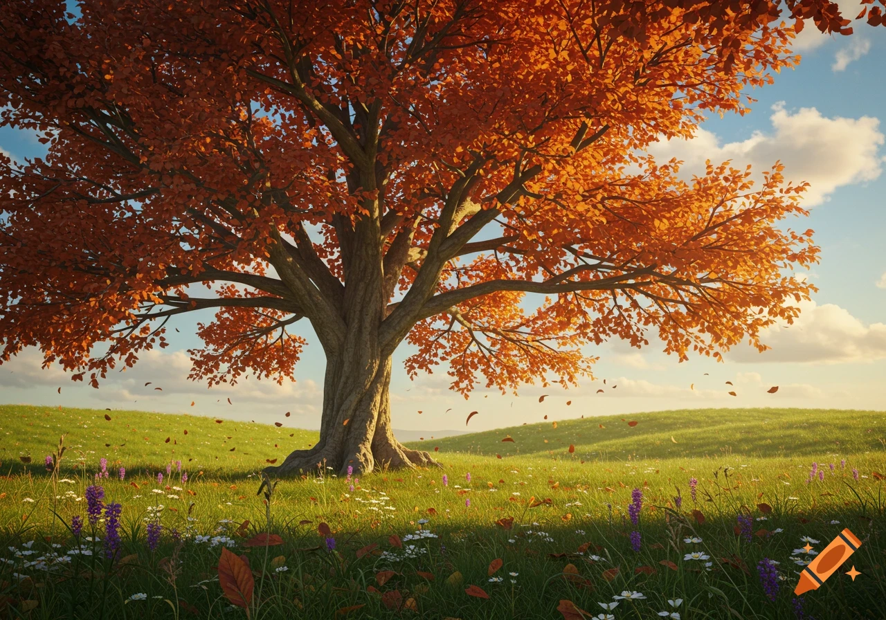 A large tree with vibrant orange-red autumn leaves stands in a sunny green field with wildflowers and fallen leaves under a blue sky.