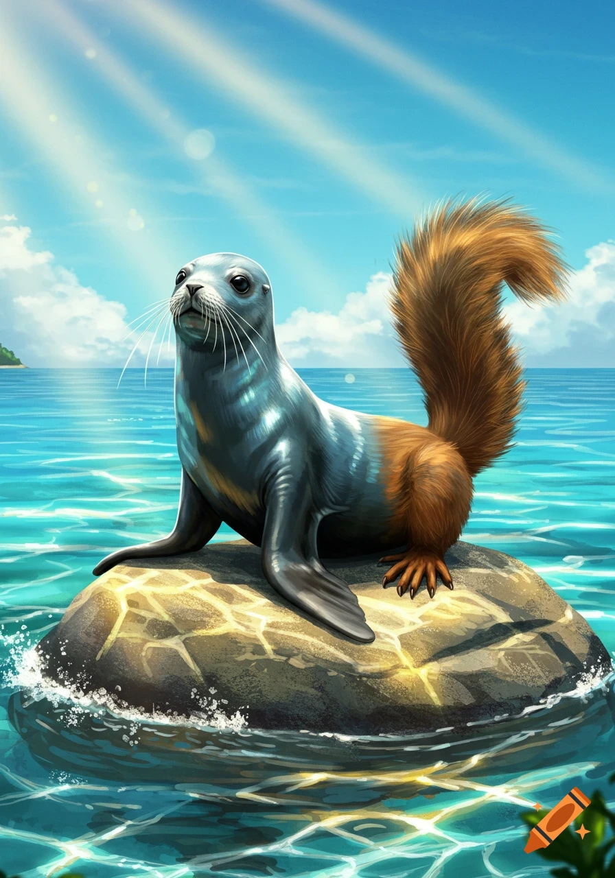 A fantasy hybrid creature, part seal and part squirrel, sits on a rock in a bright blue ocean under a sunny sky.