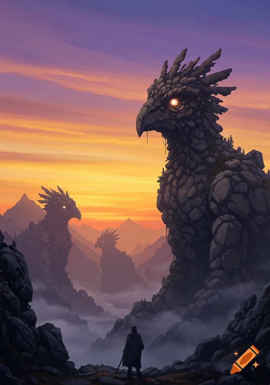 A lone figure stands before colossal rock bird monsters in a misty mountain valley at sunset, with an orange and purple sky.