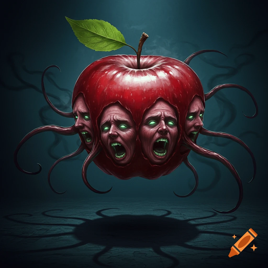 Grotesque red apple with multiple screaming human faces and dark tentacles emerging from it, glowing green eyes, dark background, fantasy art.