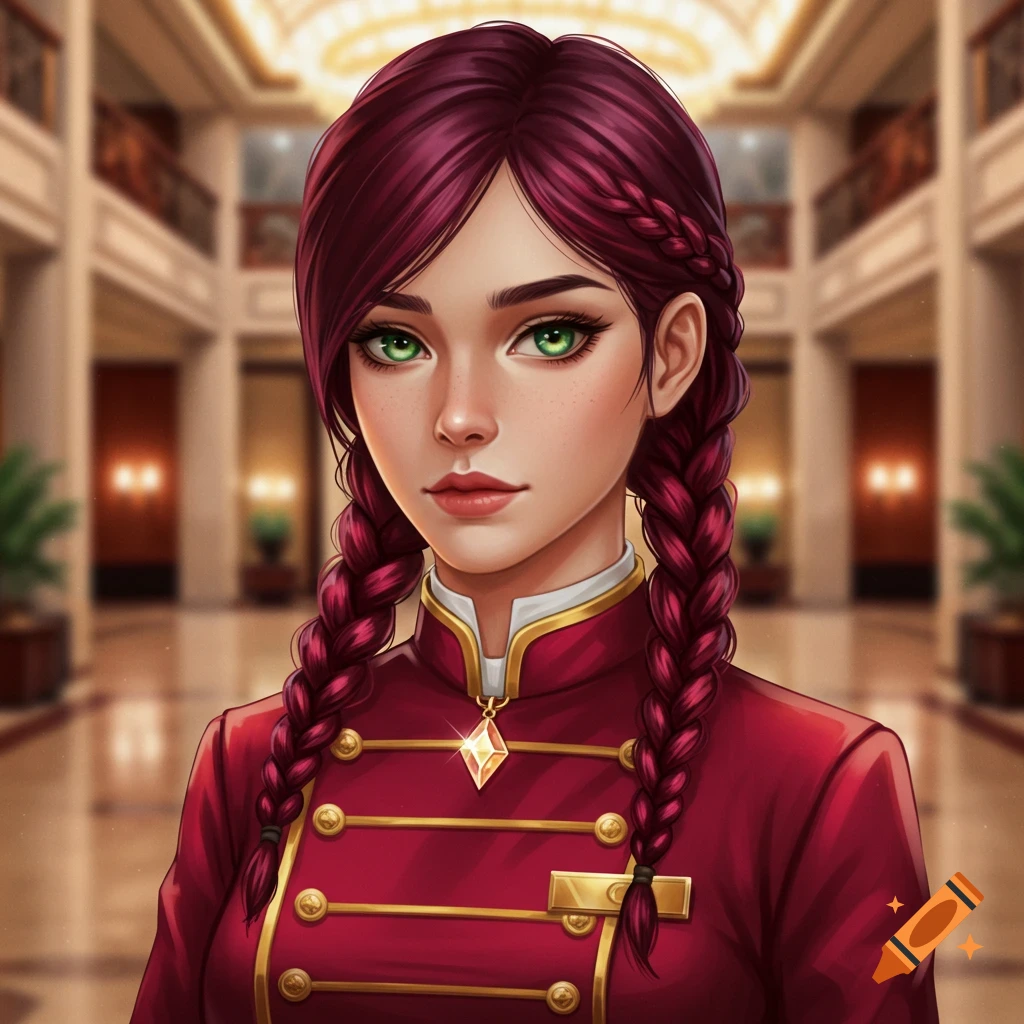 A stylized young woman with dark red braided hair and bright green eyes wears a red and gold uniform in a hotel lobby.