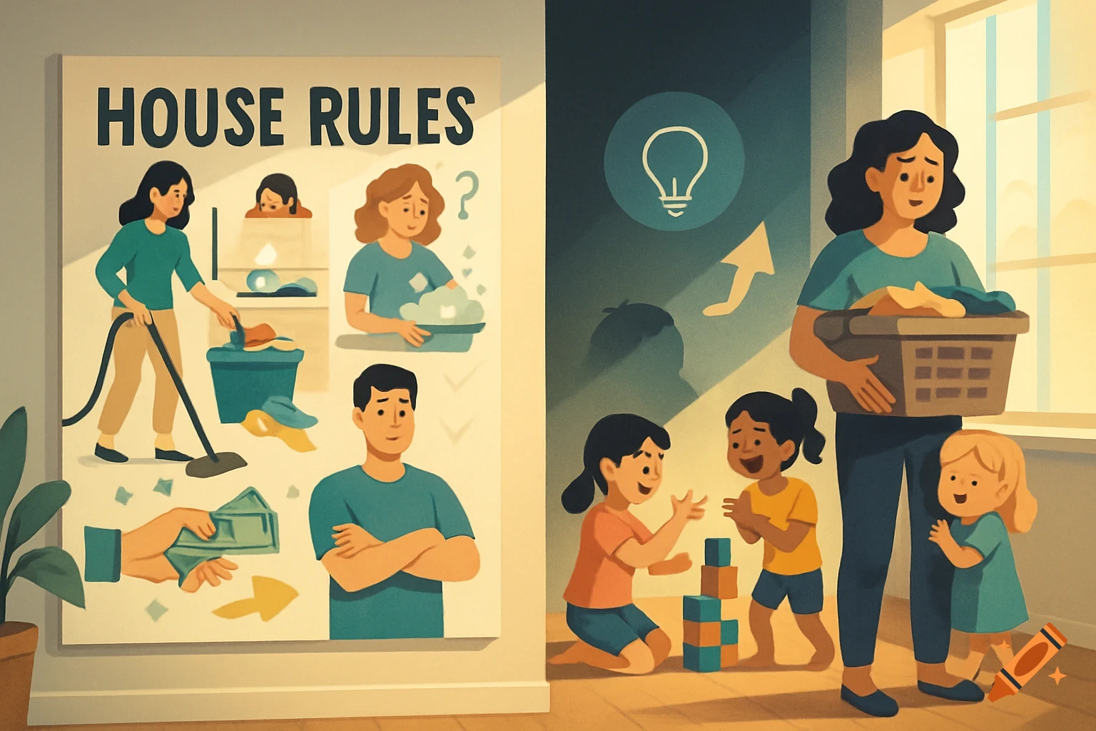A flat illustration shows a 'HOUSE RULES' poster next to a mother with laundry and children playing, depicting various household activities.
