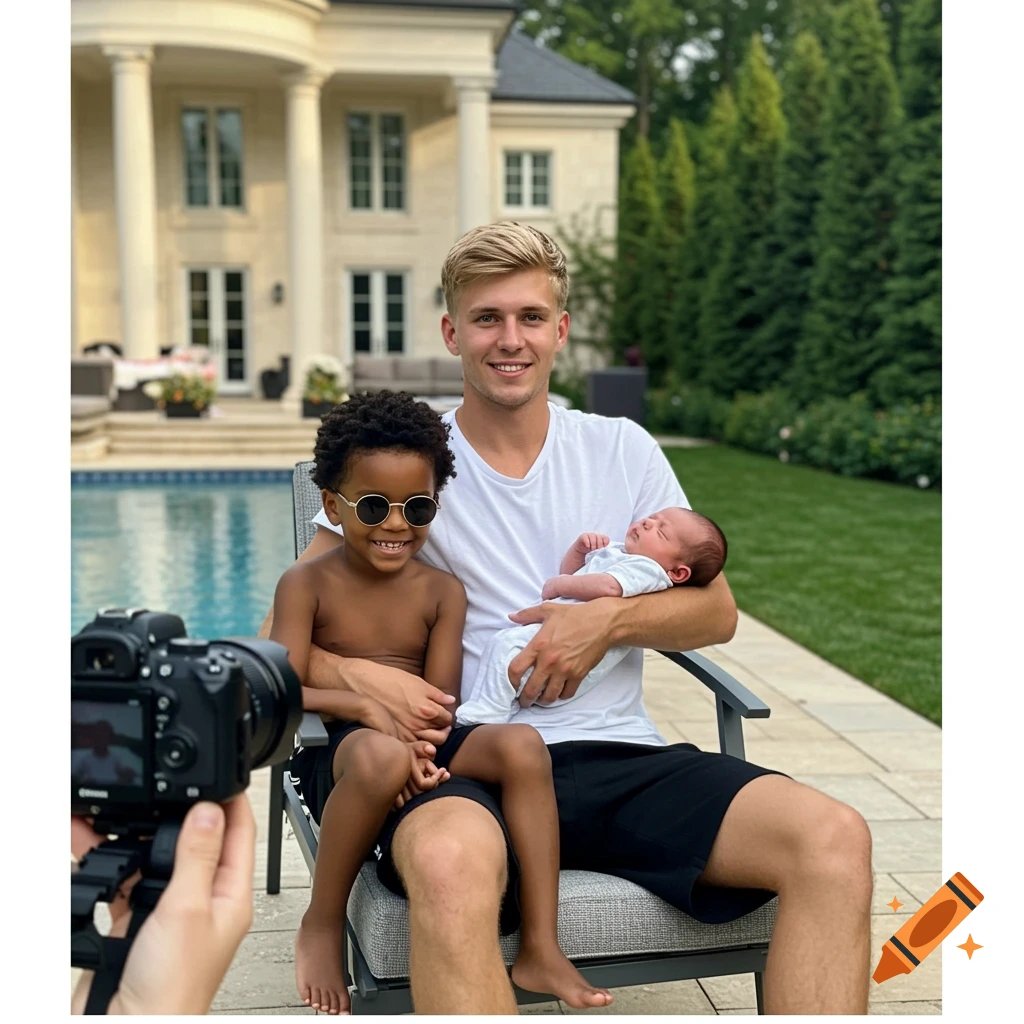 A blonde man sits by a pool, holding a baby, with a young boy in sunglasses on his lap, in front of a mansion.