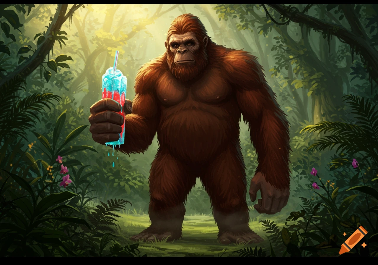 A brown Bigfoot stands in a lush jungle, holding a melting blue and red frozen drink.