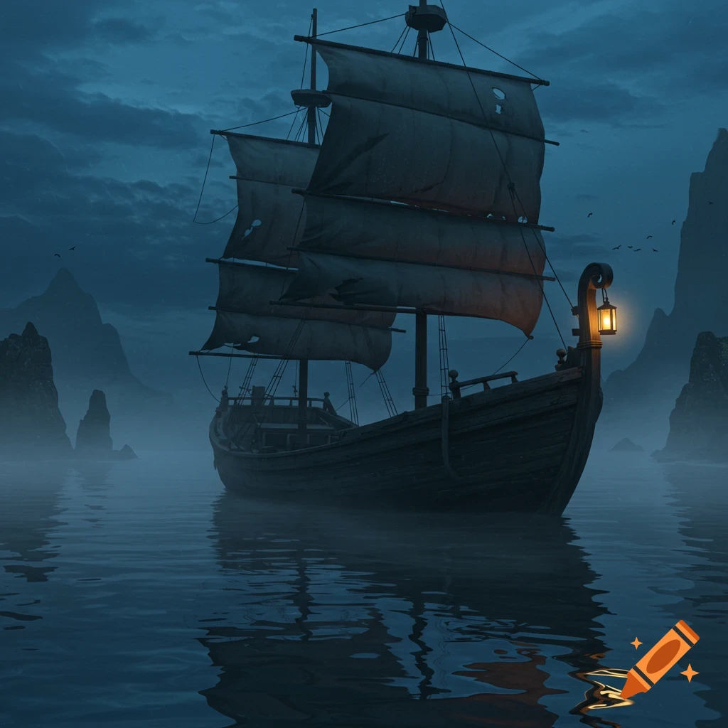 A mysterious galleon with tattered sails floats on misty water at dusk, lit by a single lantern, with jagged mountains in the background.