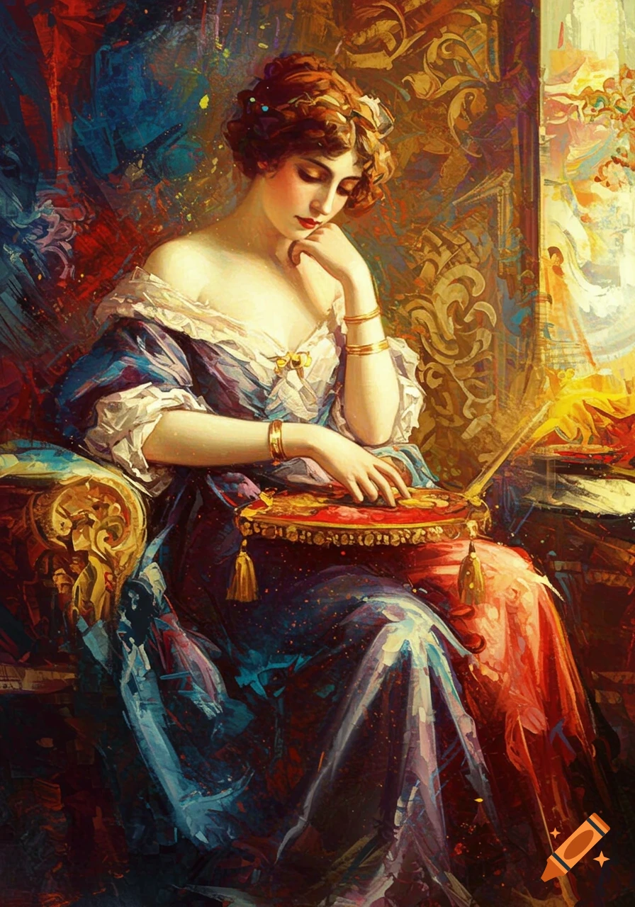 Abstract expressionist painting of a woman in a colorful dress, seated, resting her chin on her hand, looking at a decorative tray.