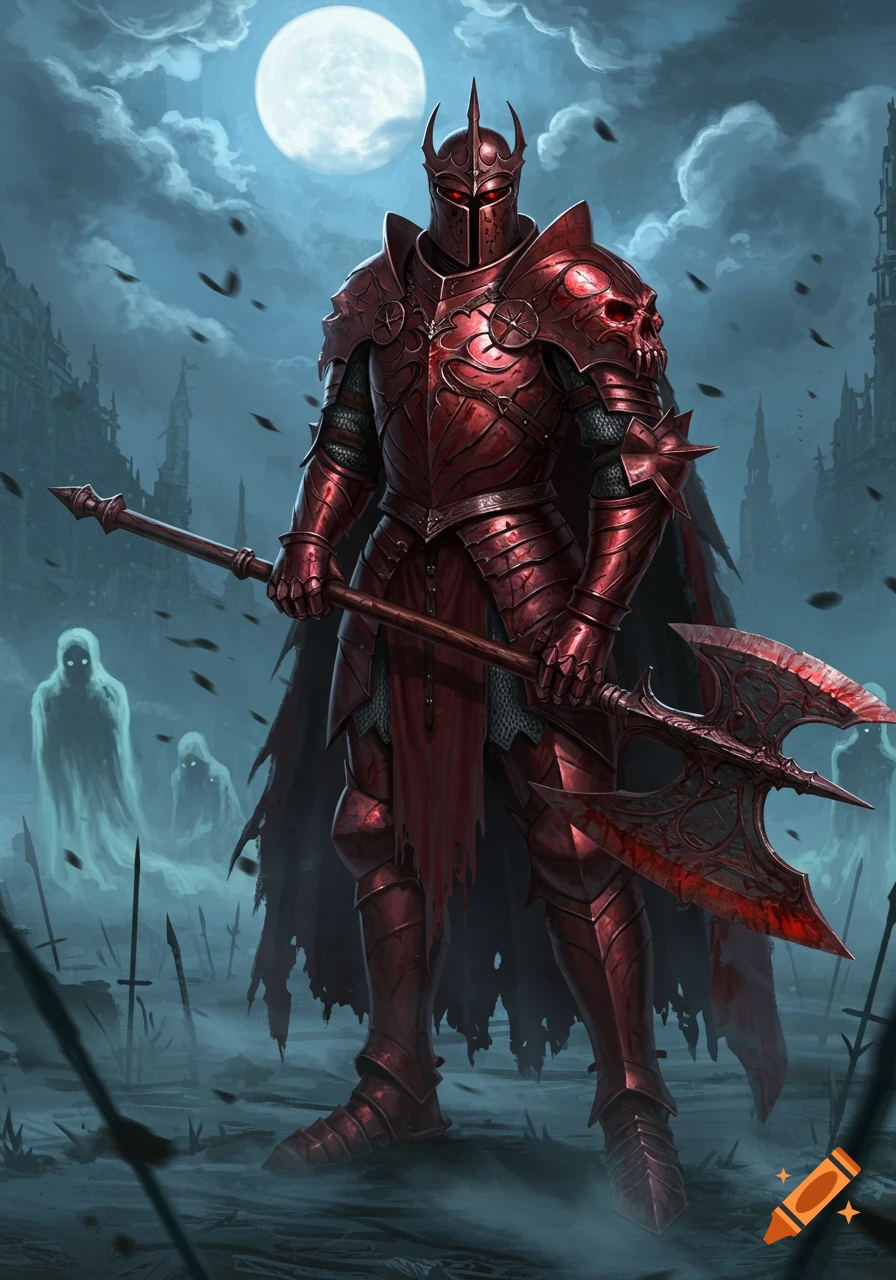 A dark fantasy image of a vampire knight in detailed red armor with a bloody axe under a full moon, ghostly figures in background.