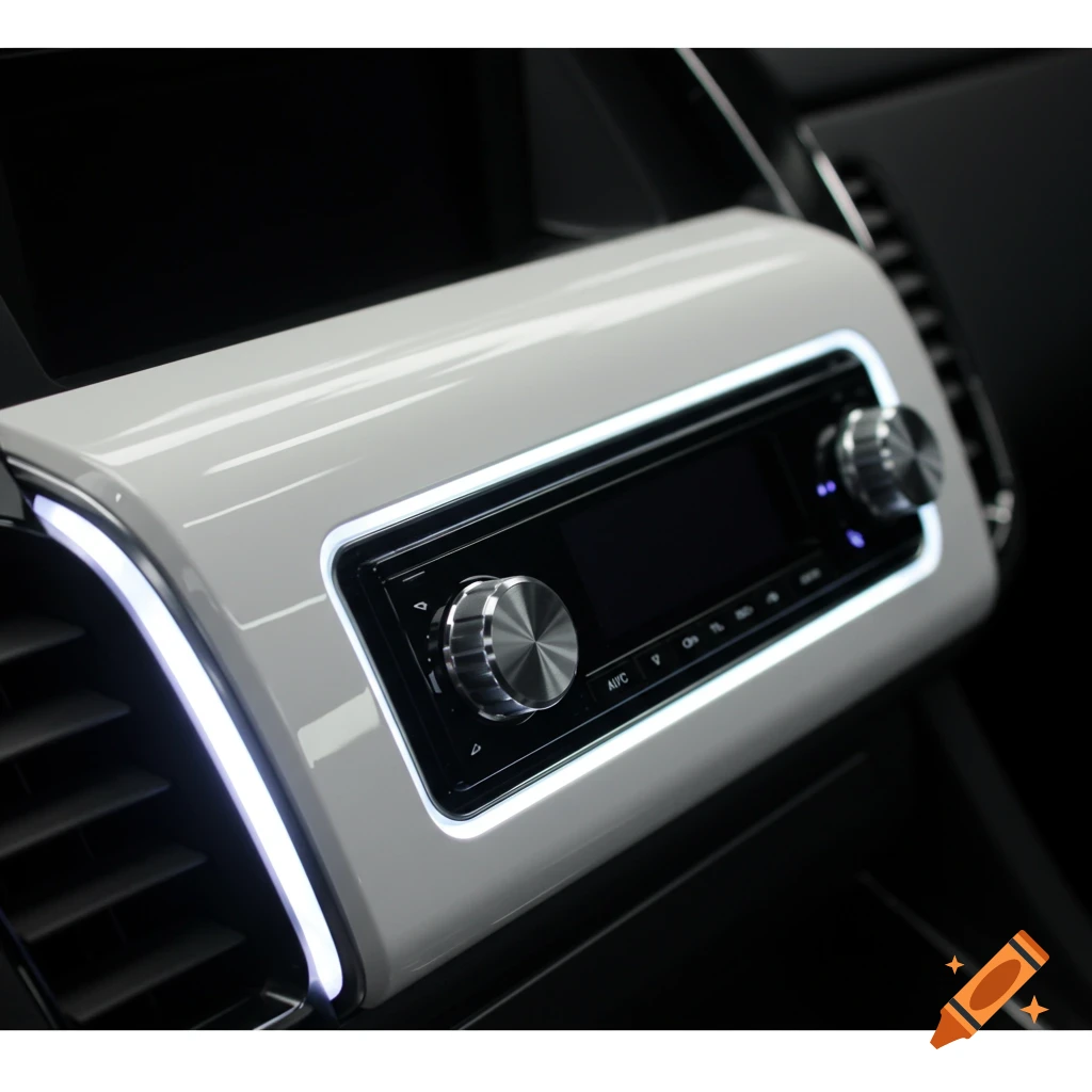 Close-up of a modern car stereo with a glossy white console surround, glowing white trim, silver knobs, and a dark screen.
