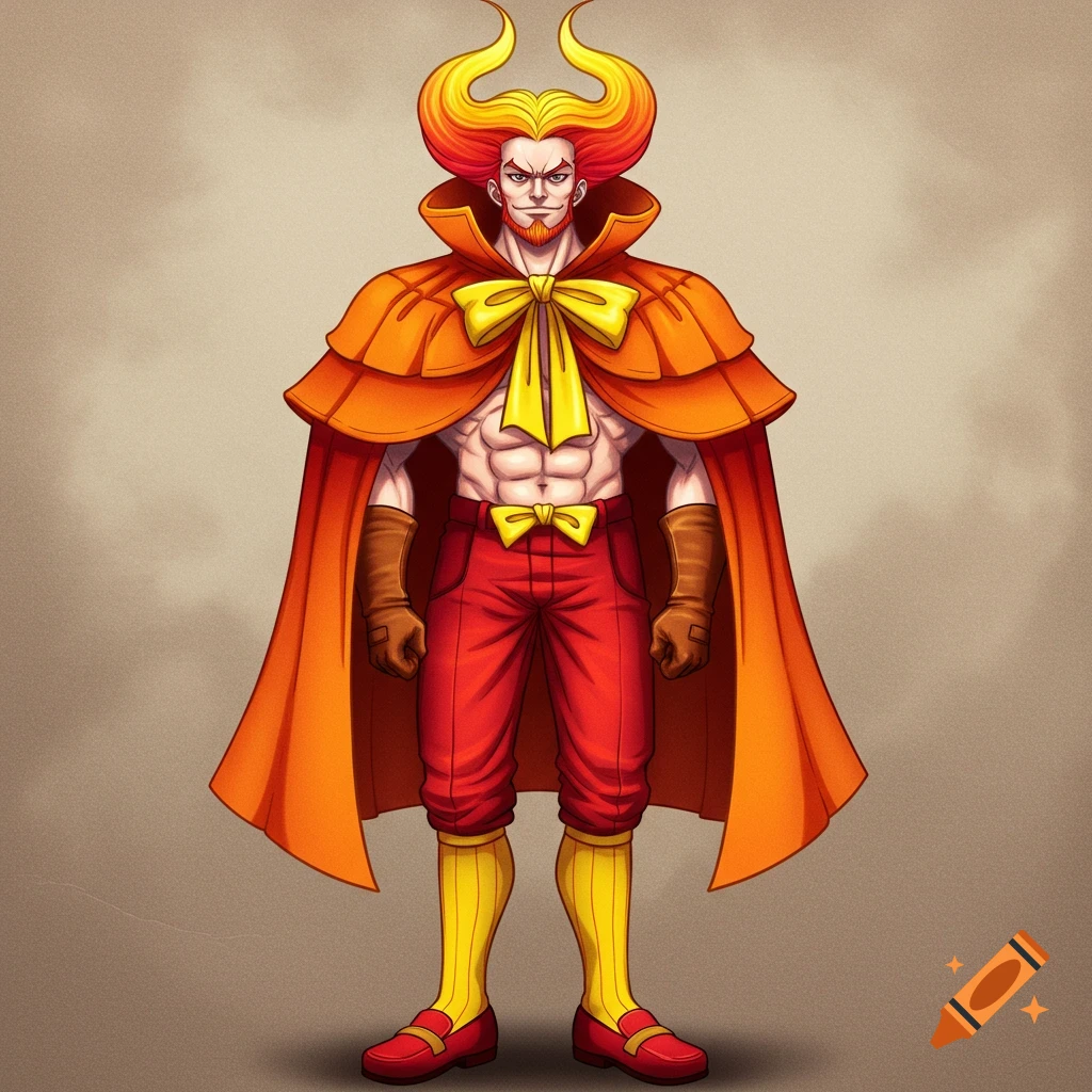 A muscular man with flame-like hair and horns, a beard, an orange cape with a yellow bow, red pants, yellow socks, and red loafers.