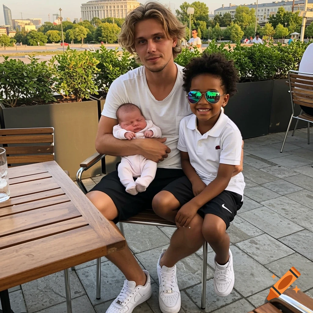 A man holds a sleeping newborn, sitting with a smiling boy in sunglasses on a restaurant patio.