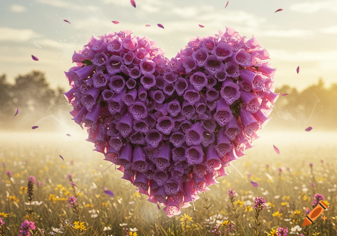 A heart-shaped arrangement of purple foxglove flowers floats in a sunny meadow with falling petals.
