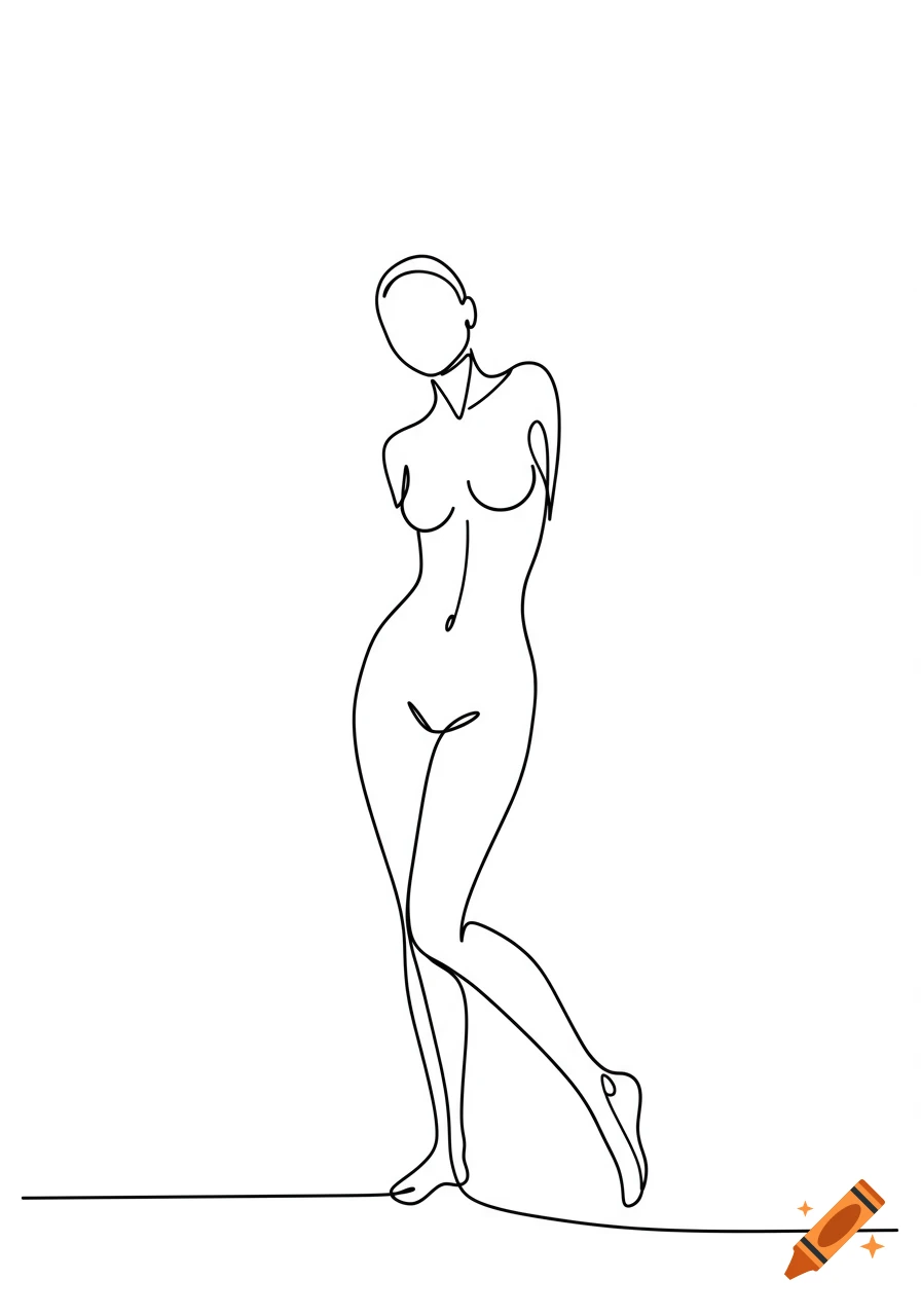 A minimalist single-line drawing of a nude female figure in an elegant pose on a plain background.