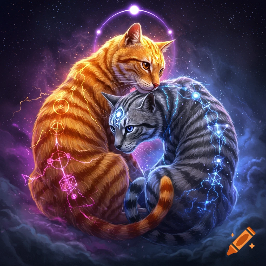 Two mystical cats, one orange and one grey, with glowing sacred geometry and electromagnetic energy in a cosmic, starry background.
