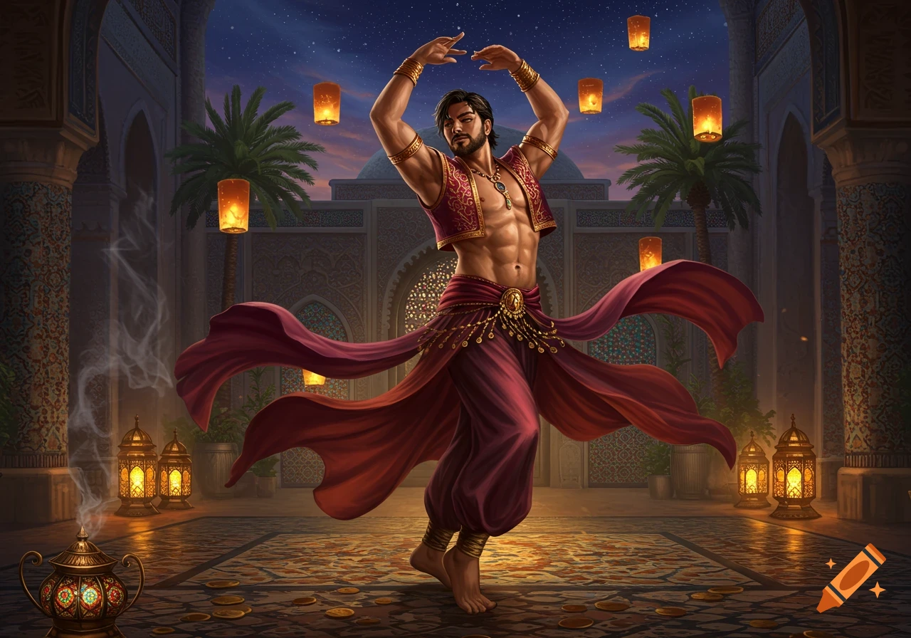 Muscular male belly dancer in a red and gold costume, dancing in an ornate Arabian courtyard under a night sky with floating lanterns. Digital art.
