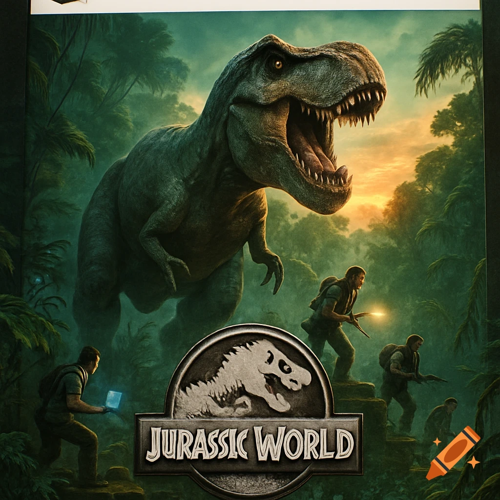 A large Tyrannosaurus Rex roars in a lush jungle with human characters below, one holding a glowing device. A 'Jurassic World' logo is at the bottom, in a game cover art style.