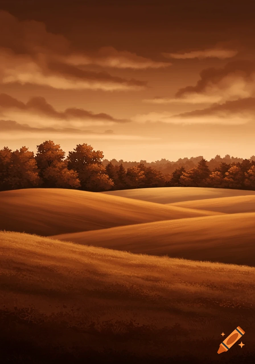 Digital painting of rolling brown and orange hills under a cloudy, warm-toned sky with a line of trees in the background.