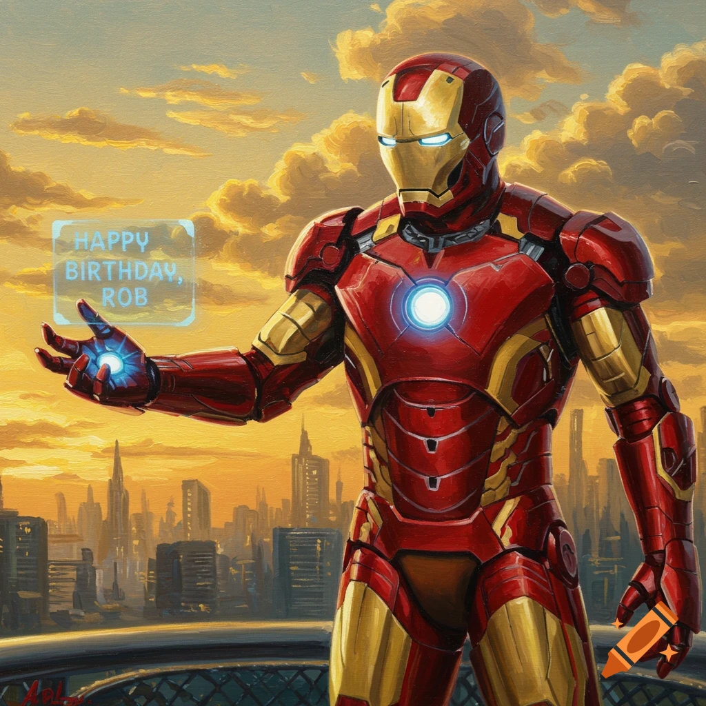 Iron Man in an oil painting style, holding a holographic 'Happy Birthday, Rob' message over a cityscape at sunset.
