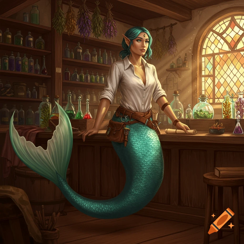 A teal-haired mermaid apothecary owner with pointed ears stands at a wooden counter in a sunlit shop filled with bottles.