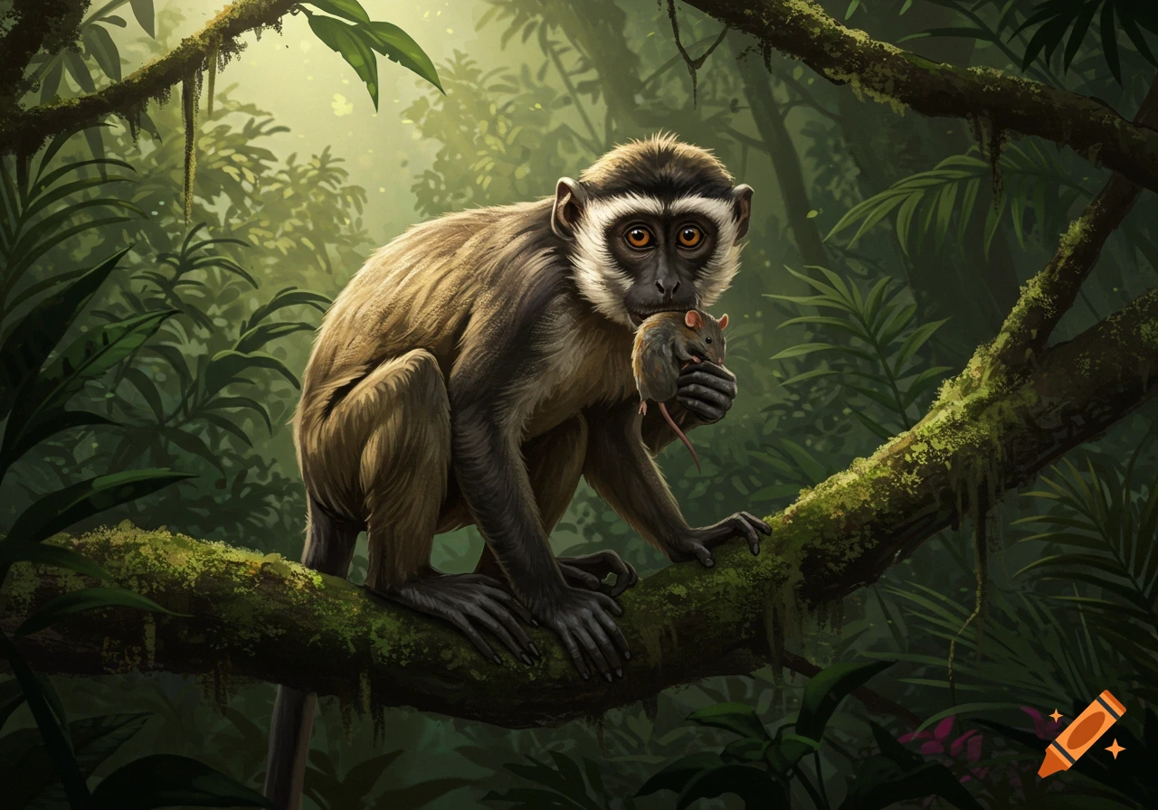 A monkey sits on a tree branch in a lush jungle, holding a small rat in its mouth.