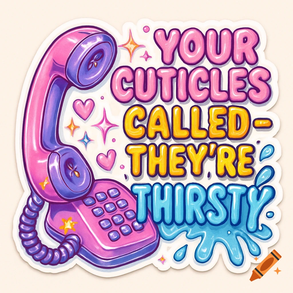 A Y2K-style puffy sticker illustration of a pastel pink and purple retro corded telephone next to the text "Your cuticles called - they're thirsty" with water splashes.