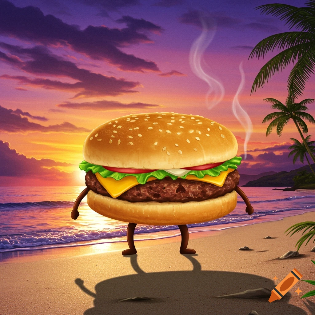 A cartoon burger with legs walks on a sandy beach at sunset, with palm trees in the background.