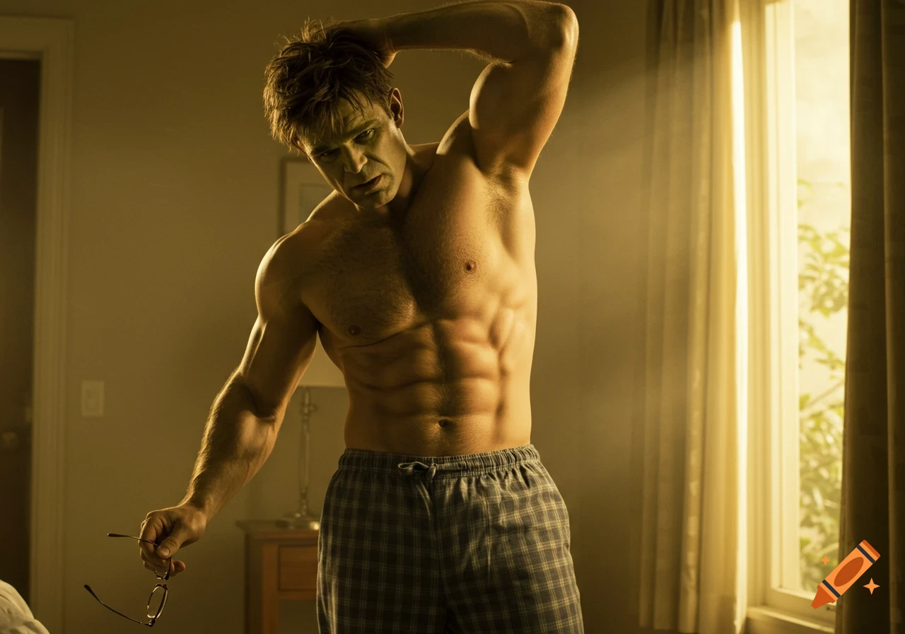 Photorealistic image of a muscular, green-tinged Bruce Banner in plaid pajama pants, stretching shirtless in a sunlit room.