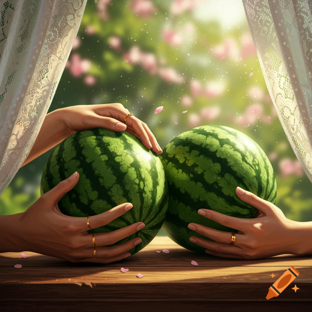 Two pairs of hands, adorned with rings, gently hold two large watermelons on a wooden table. Pink petals are scattered around them. Through sheer white curtains, a sunlit garden with pink blossoms is visible in the background, with a soft bokeh effect.