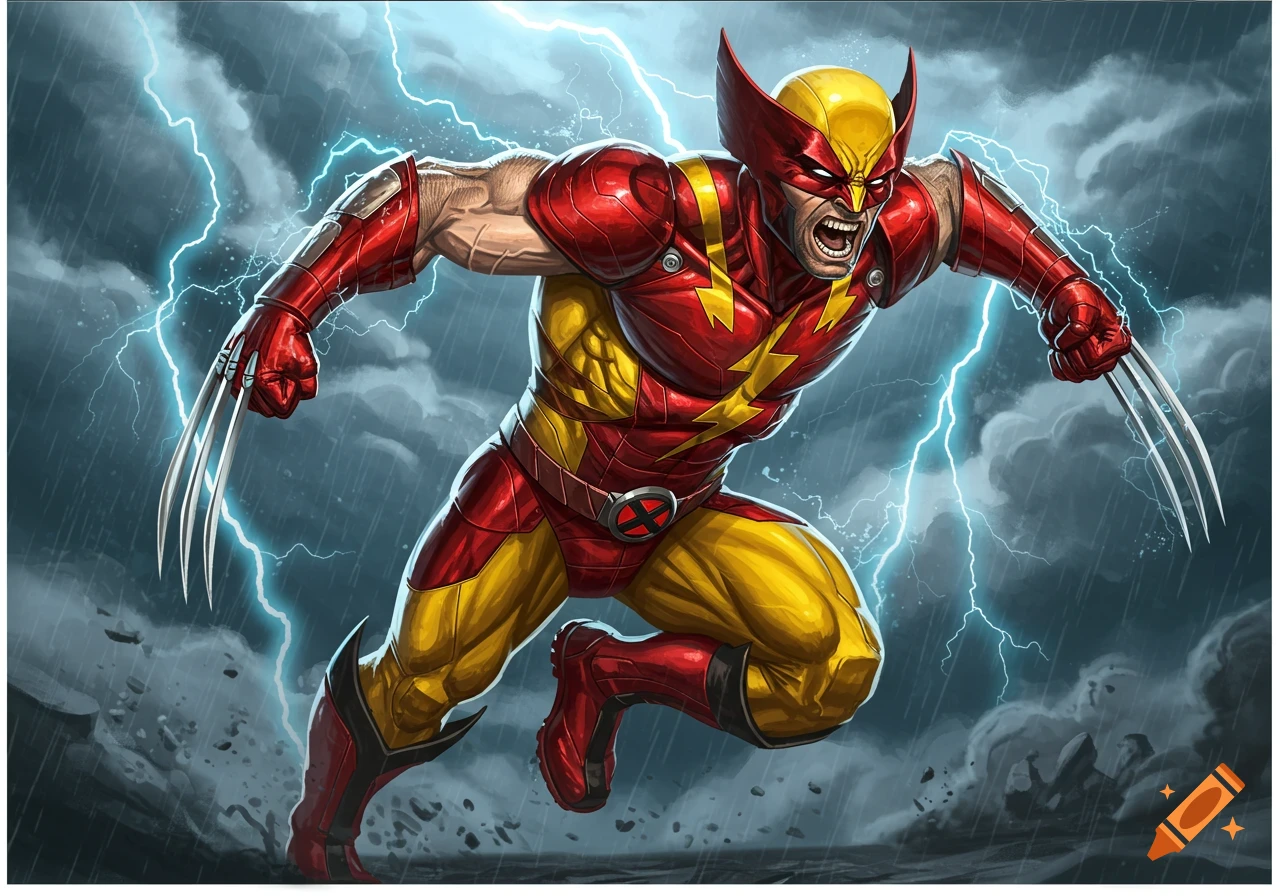 Wolverine in a red and yellow suit with an X-Men belt buckle and lightning bolt chest symbol, lunging amid lightning and rain.