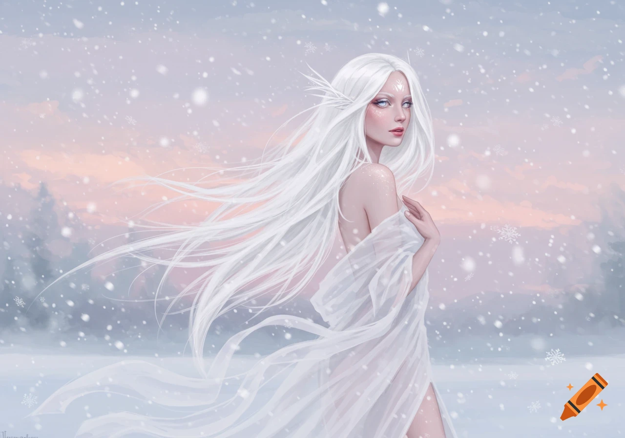 A white-haired, pale-skinned woman in a flowing white dress stands in a snowy, pink-hued landscape, looking over her shoulder.