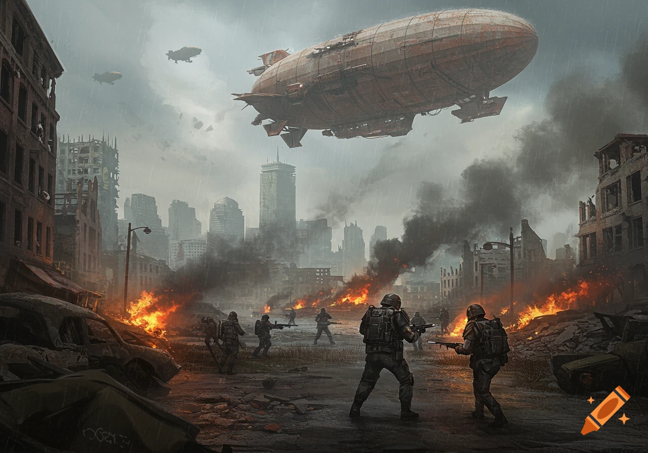 A grim, rainy cityscape devastated by war, with soldiers on the ground amidst burning fires and a large airship flying overhead.