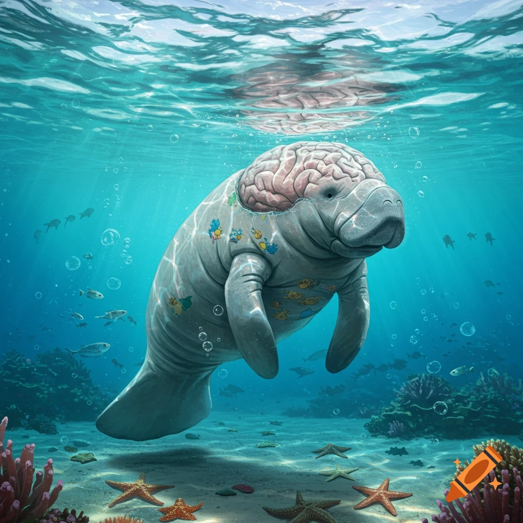A surreal manatee with a large, exposed human brain on its head swims underwater amidst coral and starfish.