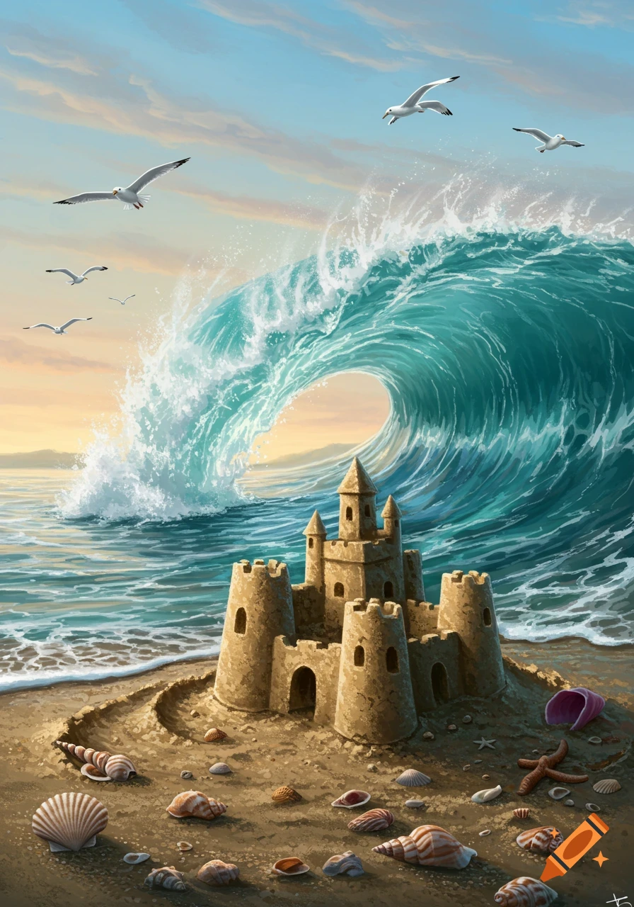 Illustrated scene of a large wave about to crash over a sand castle on a sunny beach with seagulls and seashells.