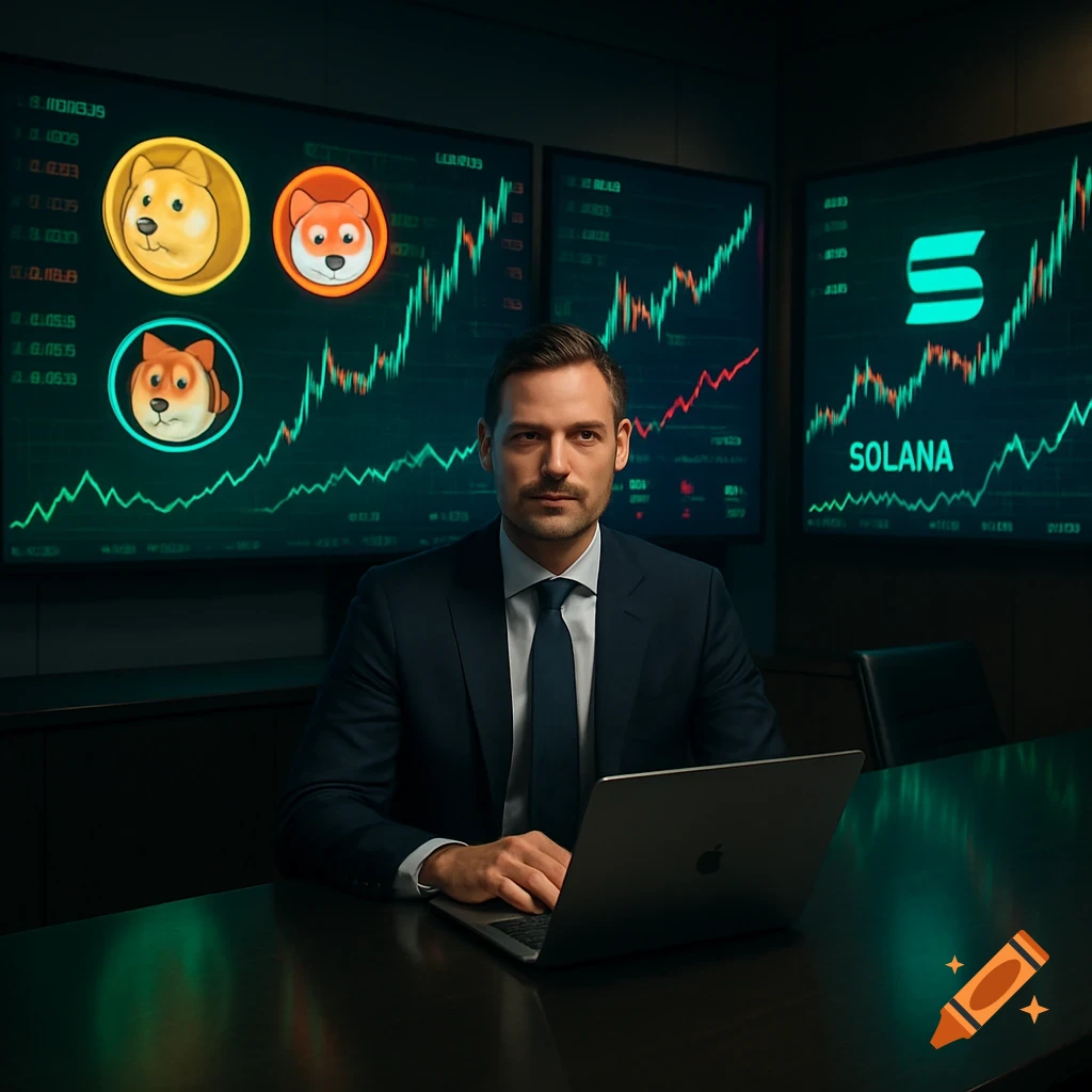 A businessman sits at a conference table with a laptop, looking at glowing cryptocurrency charts on large screens behind him.