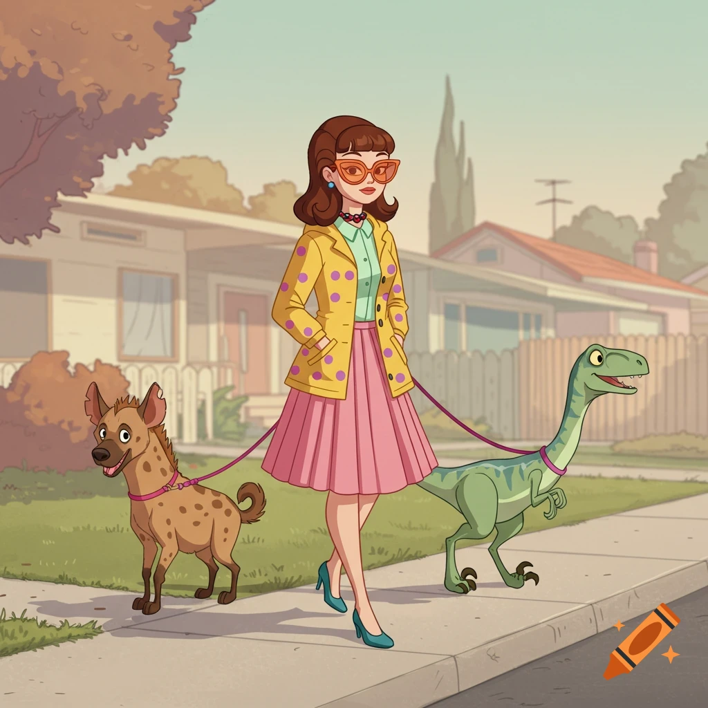 A woman in 1950s animation style walks a pet hyena and a raptor on leashes down a suburban sidewalk.