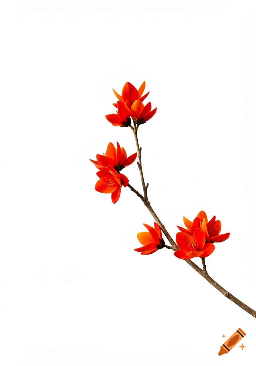 A brown branch with several vibrant red and orange flowers blooms against a pure white background.