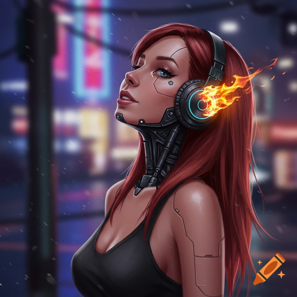 A red-haired cybernetic woman in a black tank top, wearing fiery headphones, looks up in a neon city. Digital art.