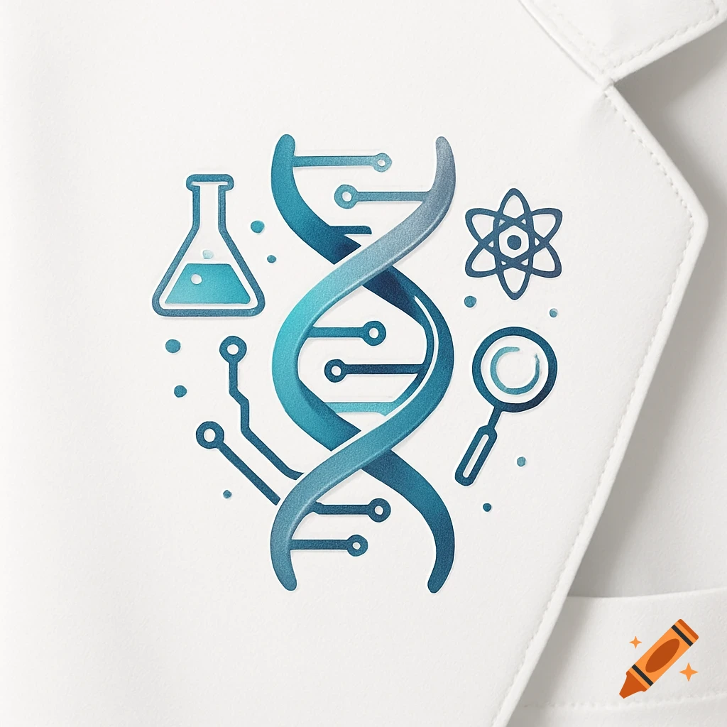 Blue and white science logo featuring a DNA helix, flask, atom, circuit, and magnifying glass on a white lab coat.