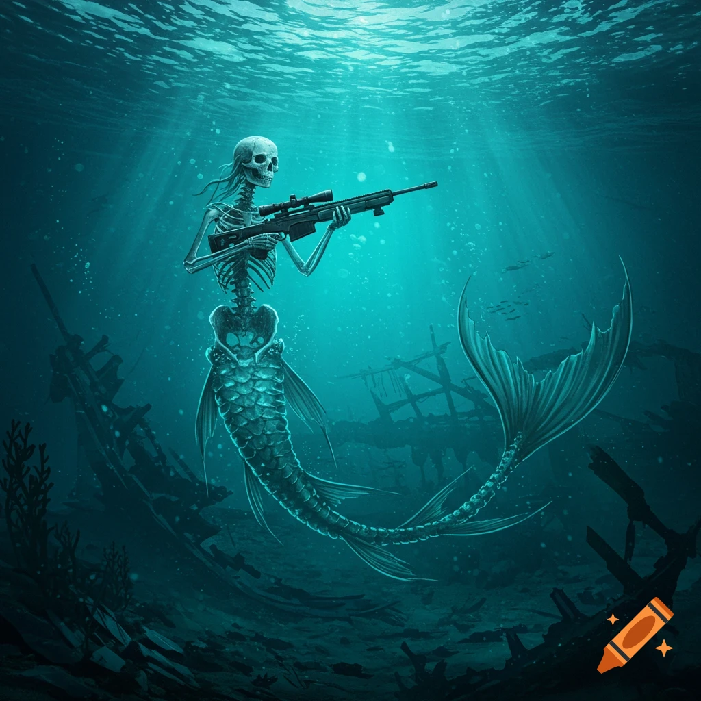 A skeleton mermaid with a rifle swims among shipwrecks in a dark underwater scene.