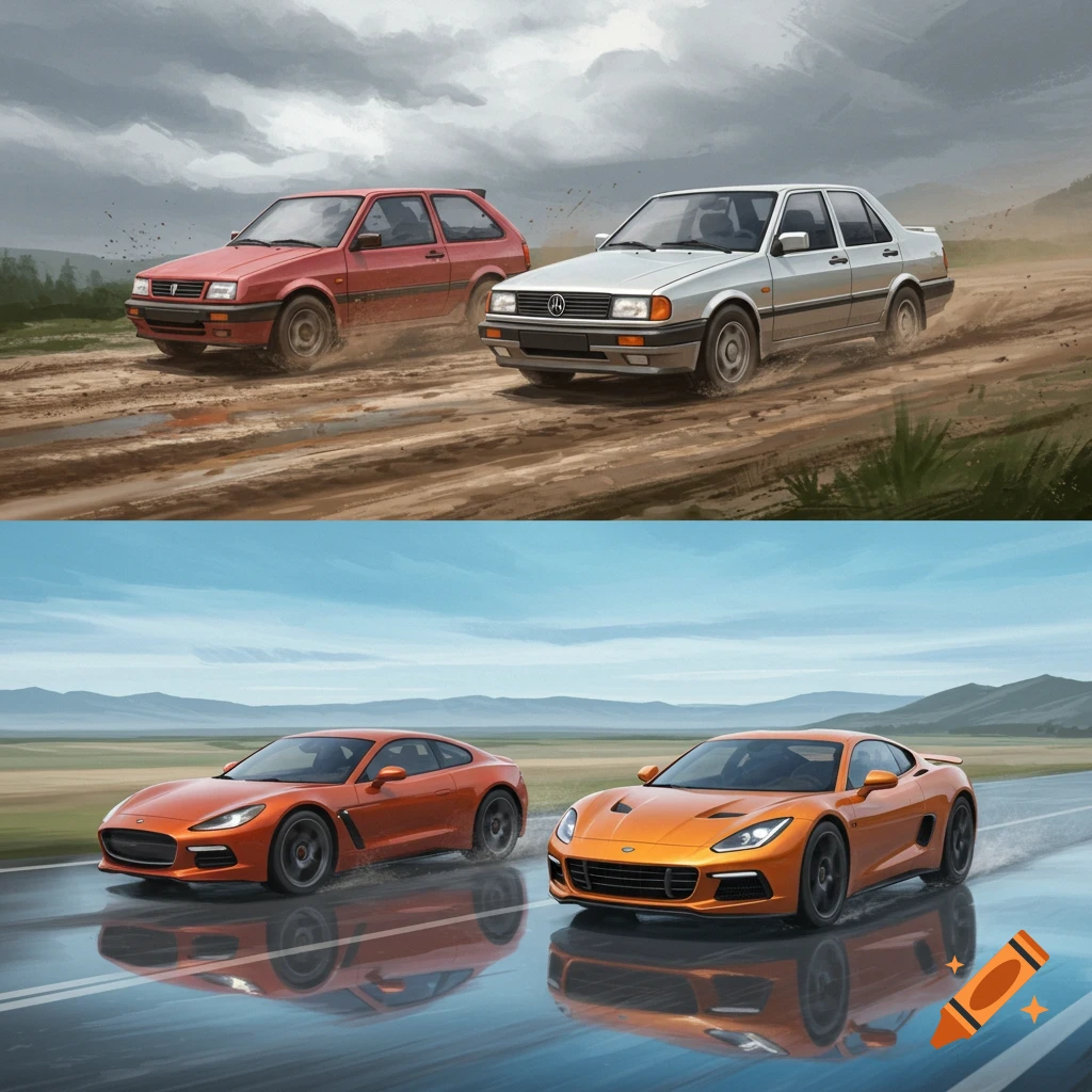 Two older cars on a muddy road and two orange sports cars on a wet paved road under different skies, depicting various driving conditions.