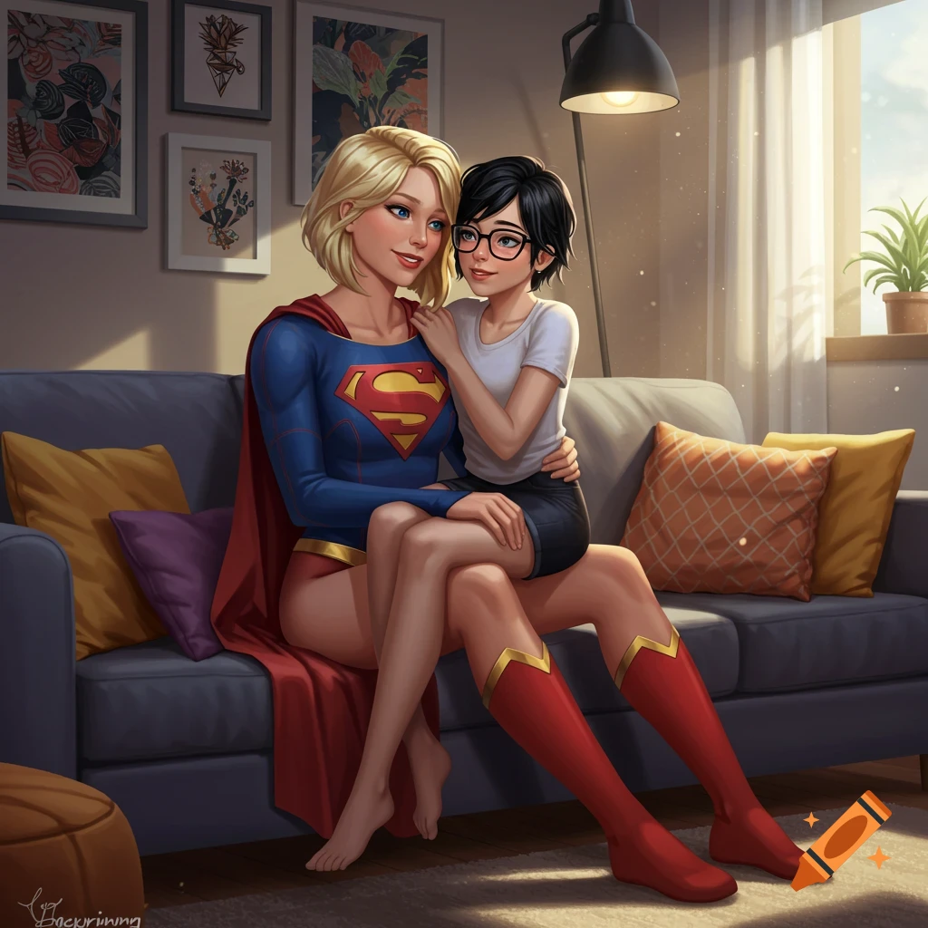 Digital art of Supergirl with blonde hair on a couch, smiling at her girlfriend with black hair and glasses sitting on her lap.