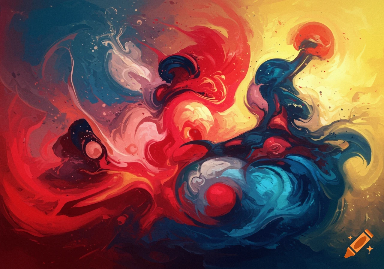 Vibrant abstract art with swirling red, blue, and yellow forms with white accents and splatter.