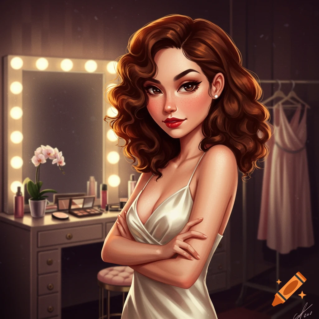 A stylized digital art portrait of a woman with curly brown hair in a white slip dress, standing in a dressing room.