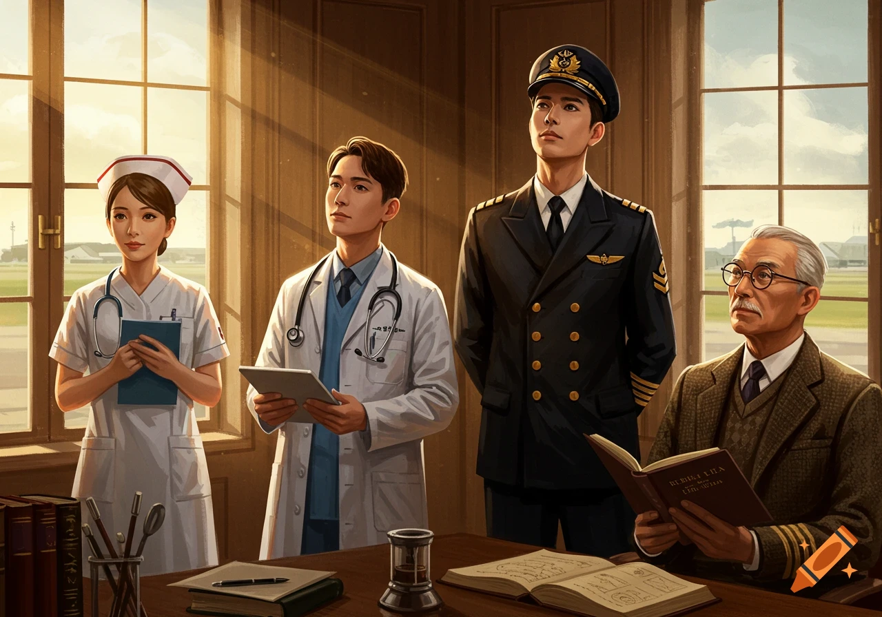 A nurse, a doctor, a pilot, and a professor stand or sit in a room with large windows overlooking an airfield, depicted in a realistic style.