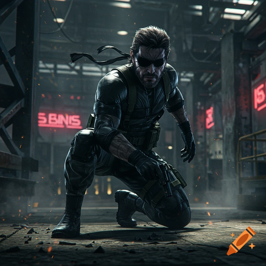Photorealistic Solid Snake crouching with a pistol in a dark, gritty industrial environment with neon signs.