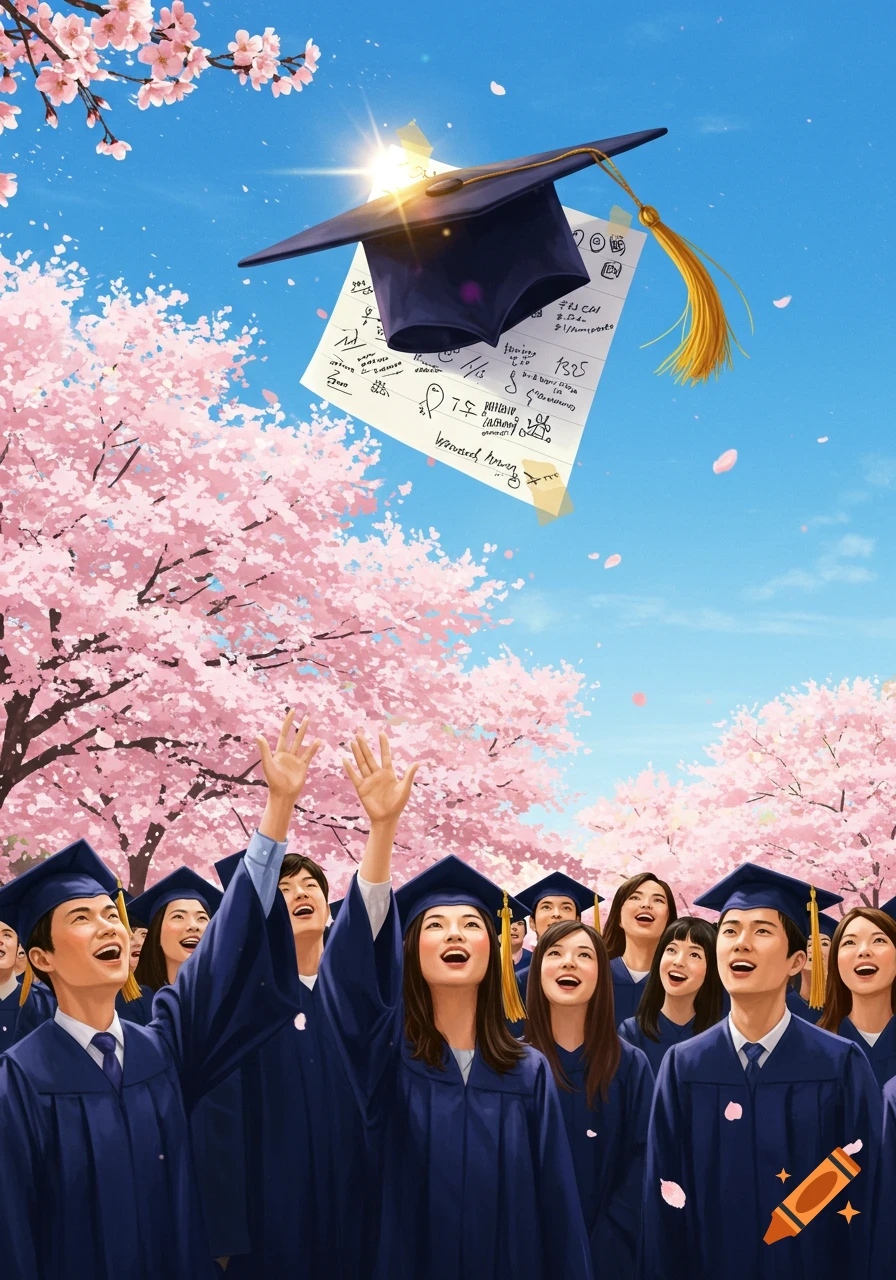 Students in graduation caps and gowns celebrating under cherry blossom trees as a grad cap with a paper flies in the sky.