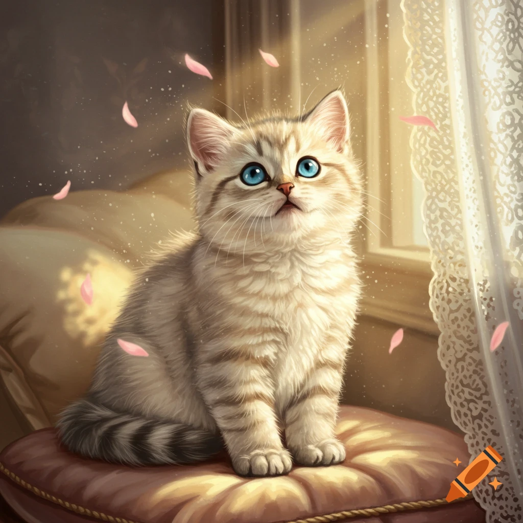 An adorable fluffy kitten with striking blue eyes sits on a cushion with pink petals falling around it, bathed in warm sunlight from a window.