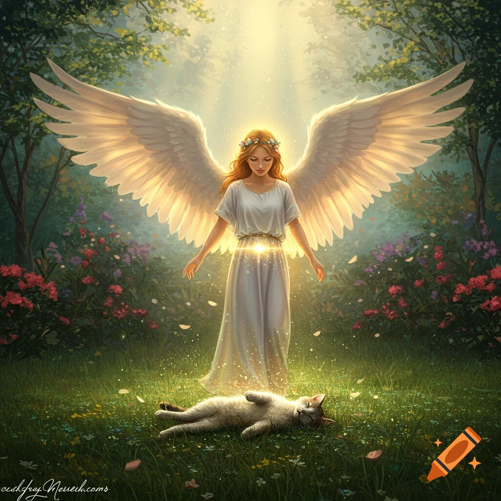 A radiant angel with large white wings stands over a peaceful white cat lying on its back in a sun-dappled forest clearing with wildflowers.