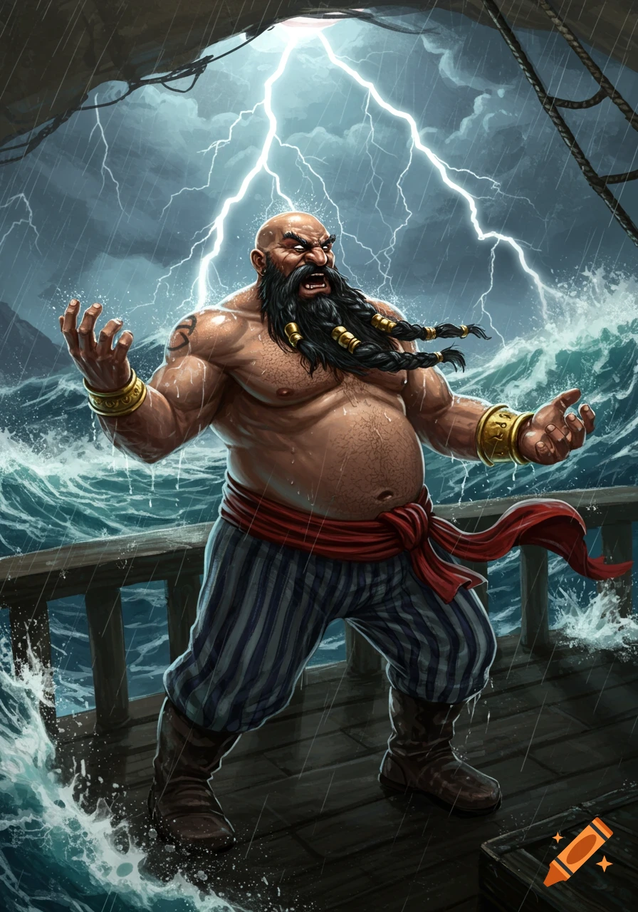A bald, bearded man, shirtless and fat, stands on a ship in a stormy sea with lightning. Illustrated style.