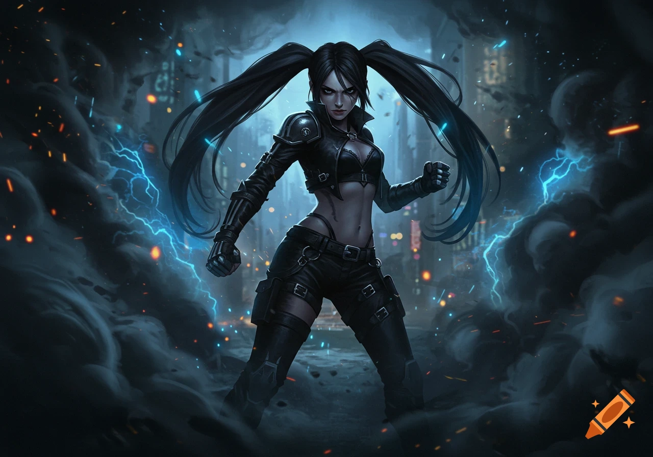 Digital art of a woman with black pigtails in a dark combat outfit, striking a fighting pose with blue lightning and smoke in a city.