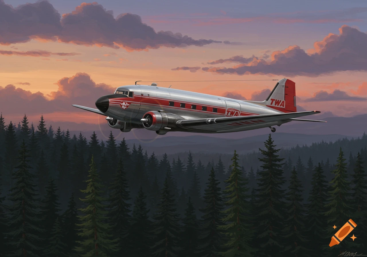 A vintage TWA Douglas DC-2 plane flies low over a dark pine forest at sunset, with a vibrant sky.